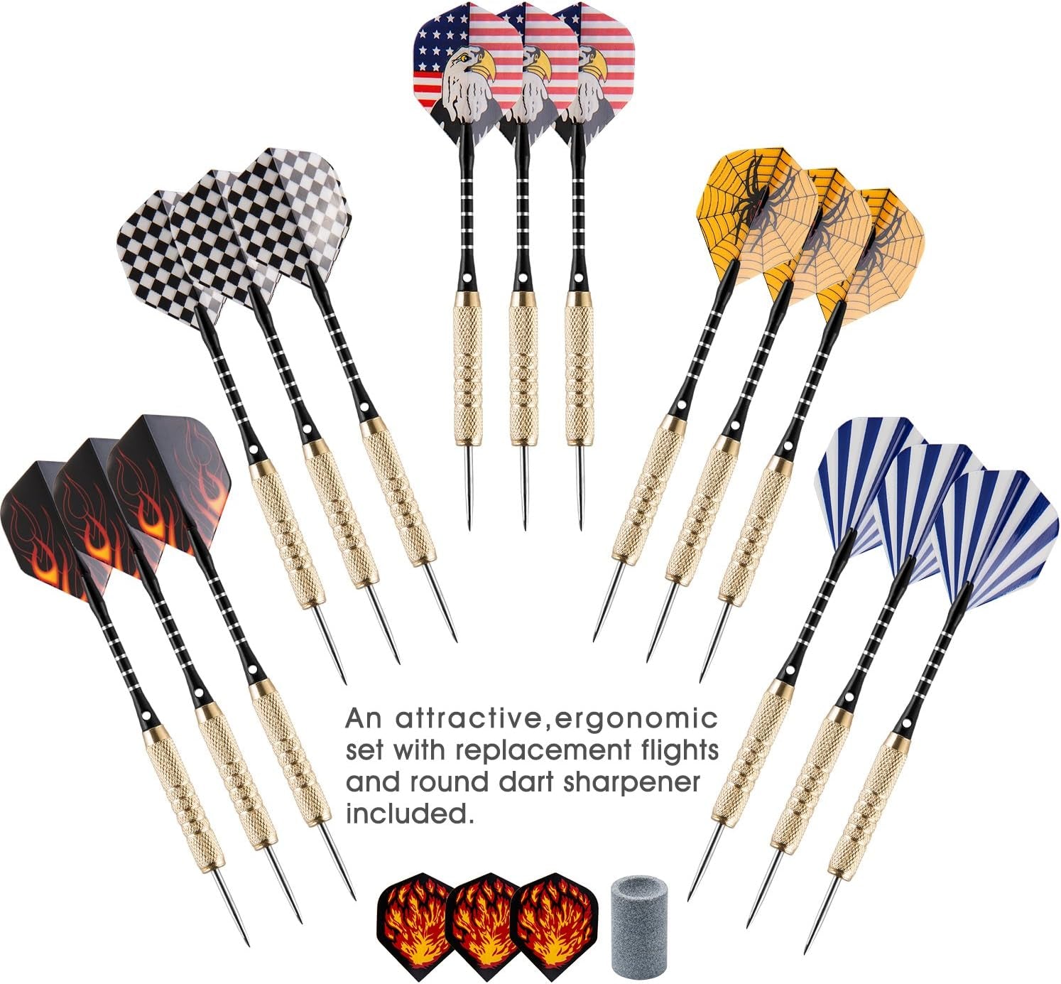 15 Pack Steel Darts 18 Grams Tip Set with Dart Sharpener and 21 Flights, Aluminum Shafts & Brass Barrels, Levels in Every Rec Room, Man Cave, Bar and Game Room