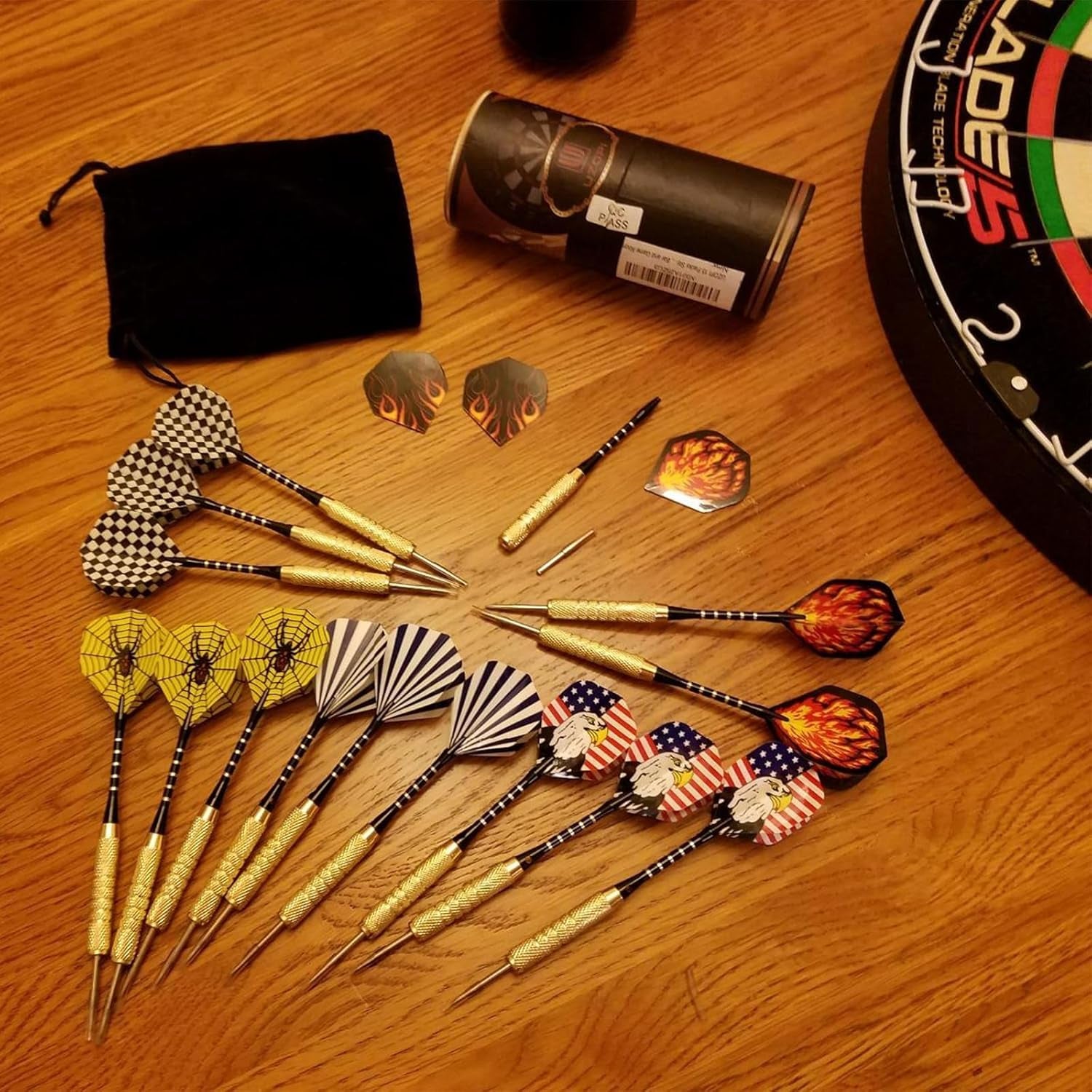 15 Pack Steel Darts 18 Grams Tip Set with Dart Sharpener and 21 Flights, Aluminum Shafts & Brass Barrels, Levels in Every Rec Room, Man Cave, Bar and Game Room